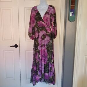 Danny & Nicole Floral Maxi Dress 3/4 Sleeves V-neck Multicolor Ruffled Medium